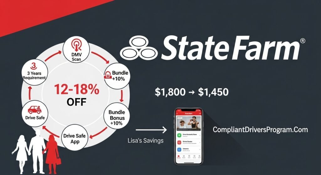 State Farm accident free discount infographic showing requirements percentages and real savings example