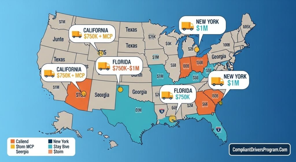 US map infographic showing 2026 state-by-state box truck insurance minimum requirements for California Texas Florida New York and Georgia with dollar amounts by CompliantDriversProgram.Com