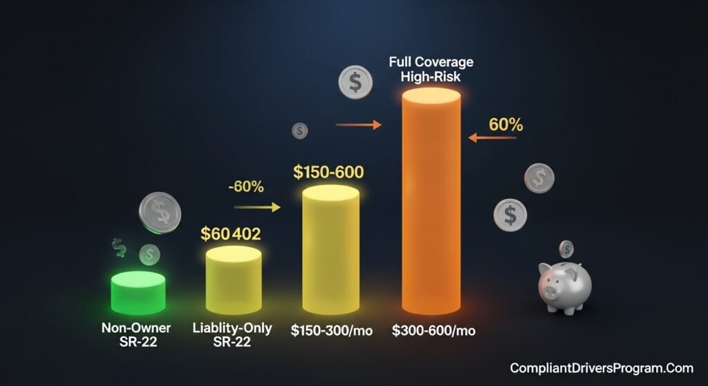Cost comparison chart showing three tiers of suspended license insurance from non-owner SR-22 to full coverage high-risk