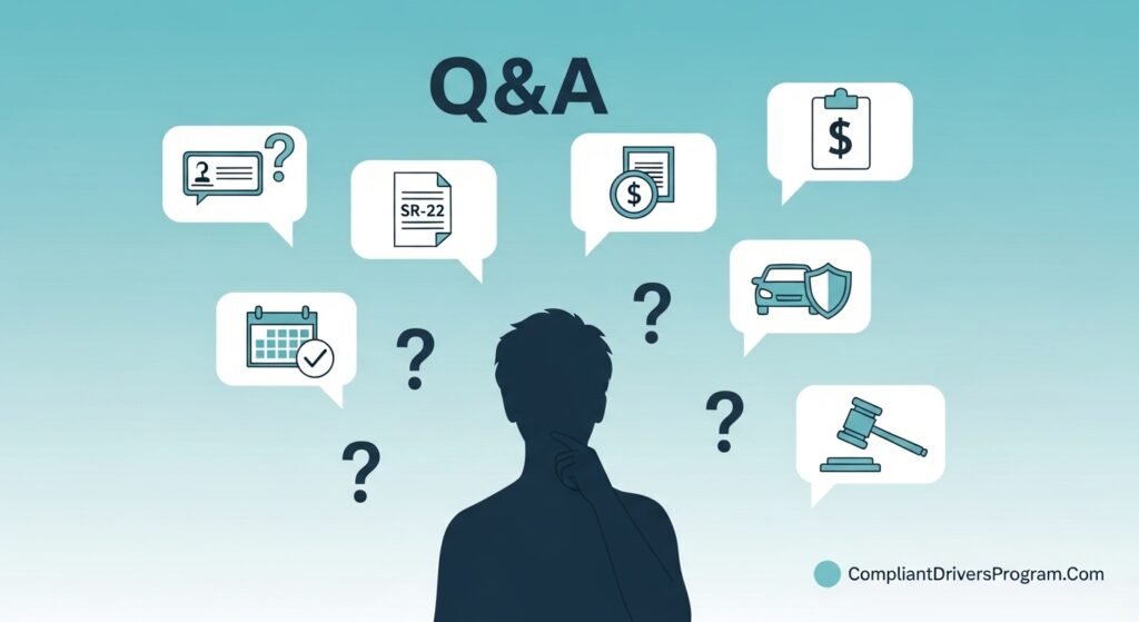 Visual representation of frequently asked questions about suspended license insurance with question bubbles and icons
