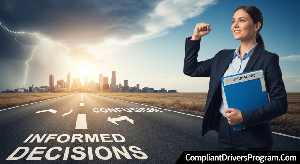 Confident person at crossroads choosing informed decisions path - SR-22 insurance journey conclusion