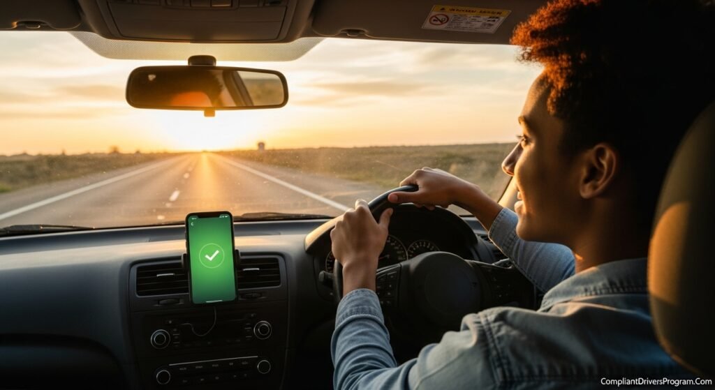 Happy teen driver driving into the sunset with a clean driving record and low insurance rates.
