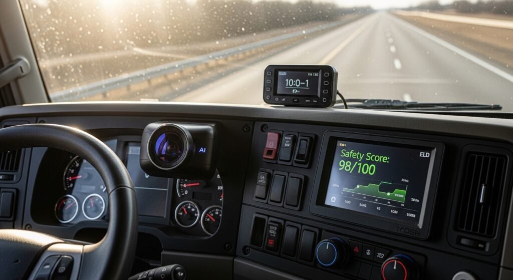 Interior of a semi truck showing a dash cam and ELD safety score used to lower insurance premiums.