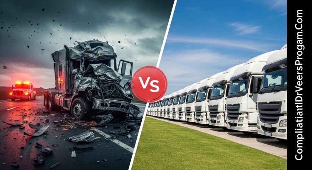 Split image comparing truck crash scene versus well-maintained safe fleet showing cost of no safety training