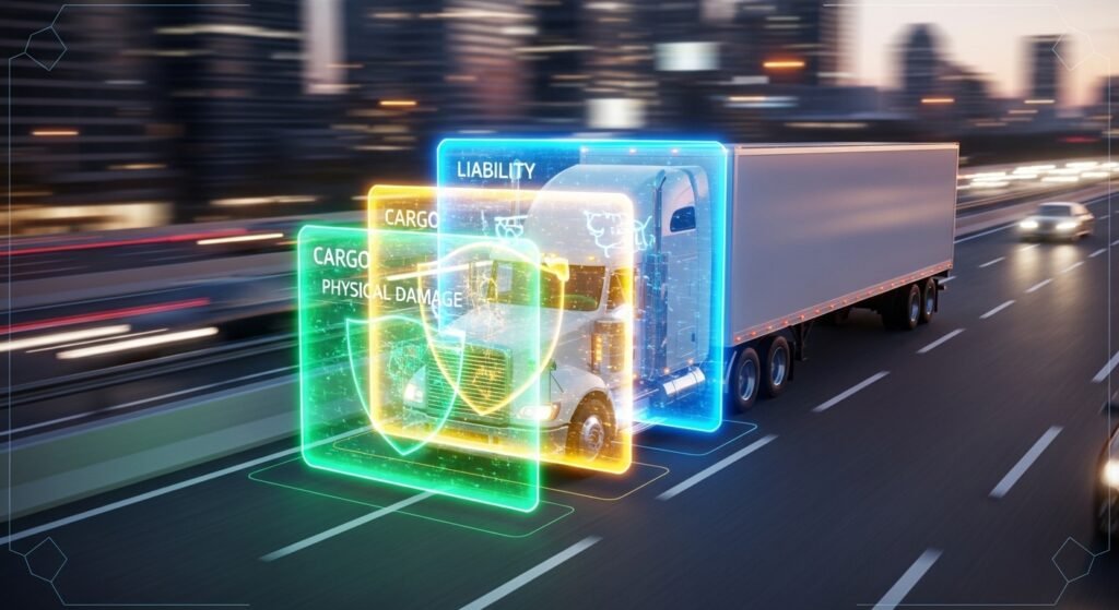 A semi truck protected by glowing shields representing liability, cargo, and physical damage insurance.