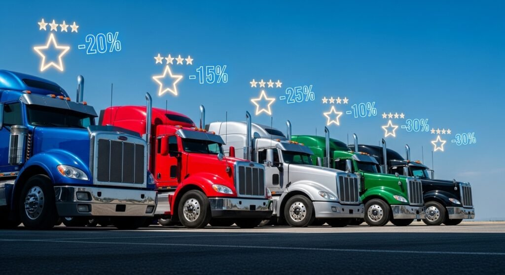 A fleet of semi trucks lined up representing top insurance companies and fleet discounts.