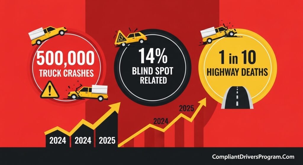 Infographic displaying current statistics on truck blind spot crashes and fatalities