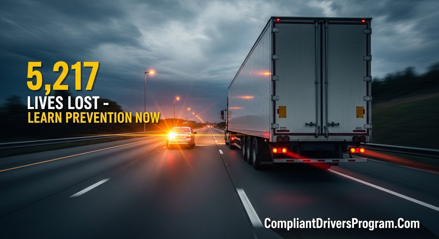 Commercial truck creating blind spot danger for passenger vehicle on highway demonstrating accident risk