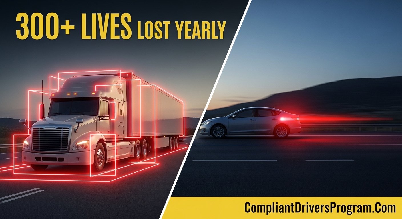 Illustrated diagram showing truck blind spots and car in danger zone with collision warning