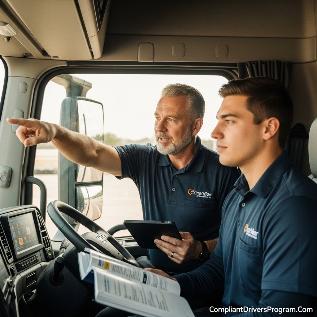 Veteran truck driver mentoring new driver trainee inside modern truck cab