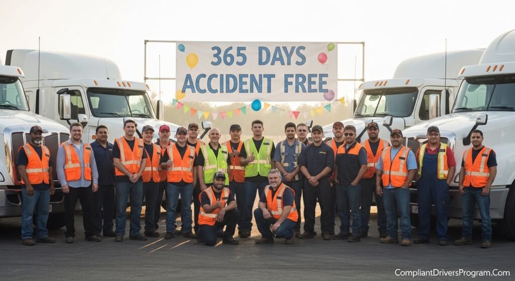 Diverse group of professional truck drivers celebrating 365 days accident free milestone displaying strong safety culture and team unity