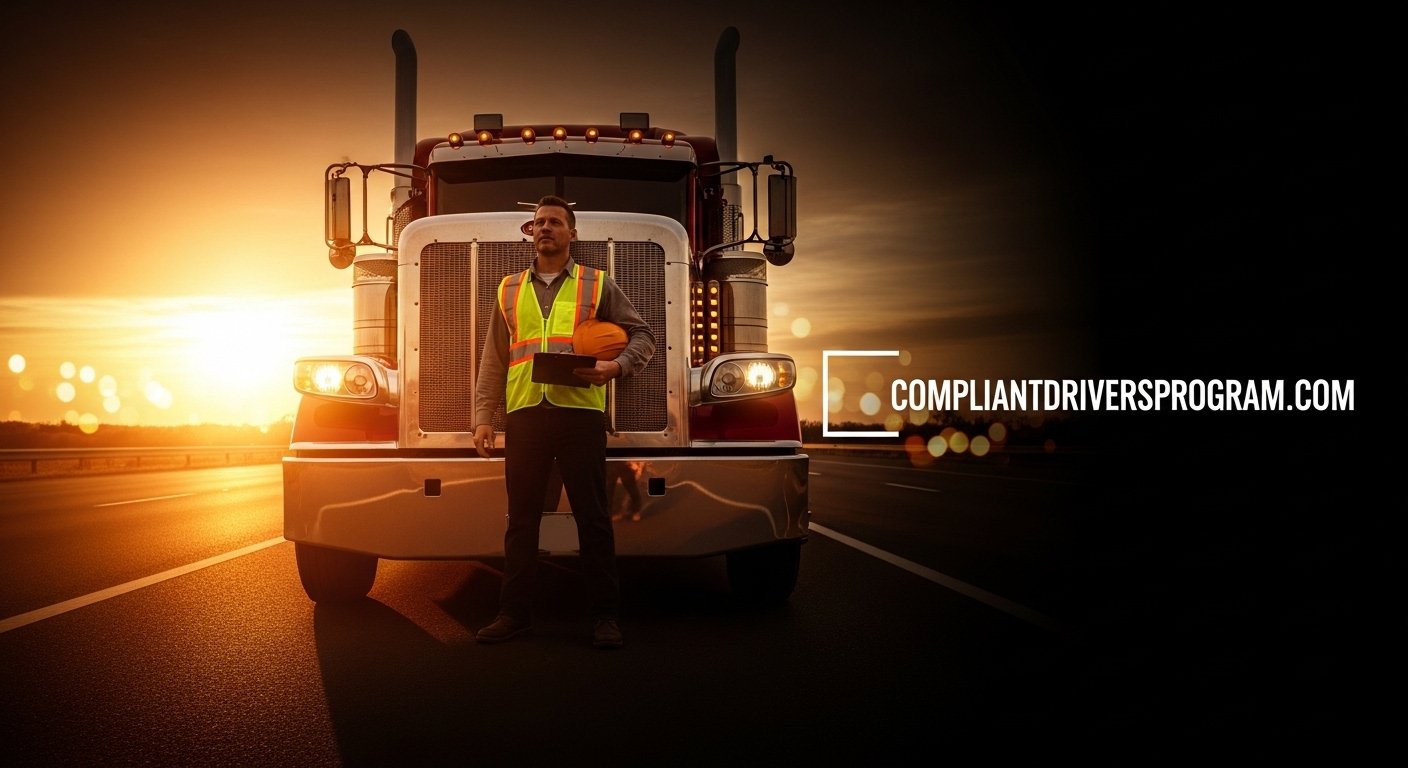 Professional truck driver standing confidently in front of a semi-truck at sunset representing trucking safety training