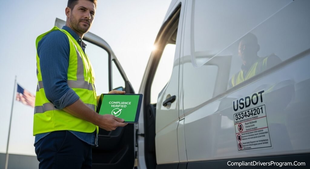 Business van owner checking DOT compliance and insurance documents on a tablet next to a commercial vehicle.