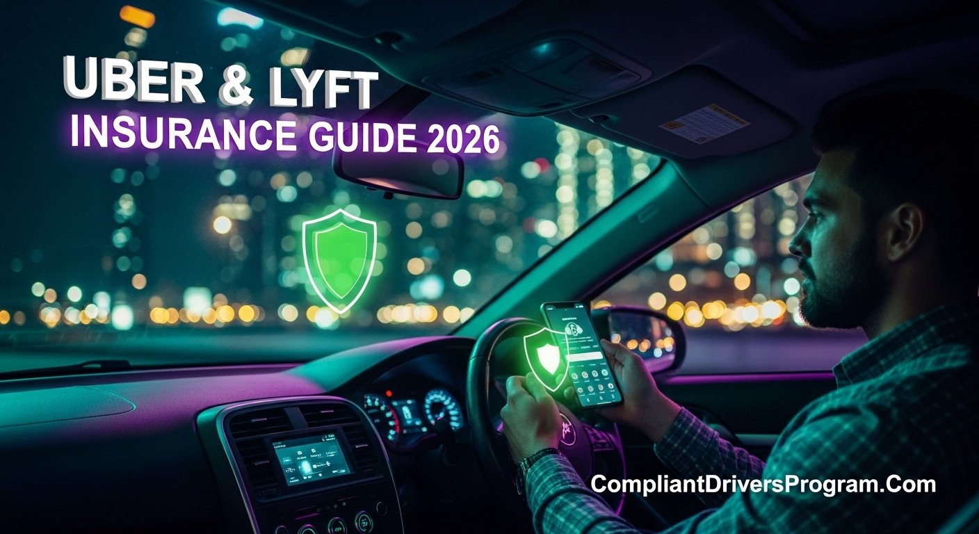 Rideshare driver inside car at night with digital insurance shield protection showing Uber Lyft insurance guide 2026