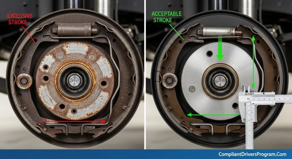 Side-by-side comparison of failed versus passing brake inspection for DOT out of service violations