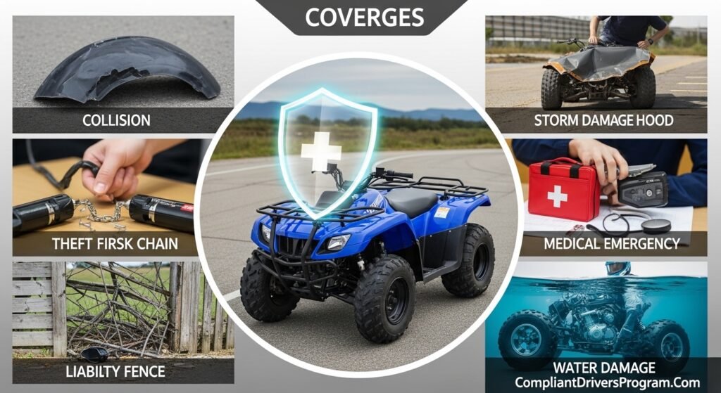Six types of ATV insurance coverage showing collision comprehensive liability medical theft and water damage protection