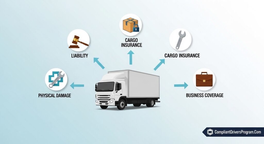 Infographic showing box truck in center with five insurance coverage types labeled including liability cargo physical damage medical and business coverage by CompliantDriversProgram.Com