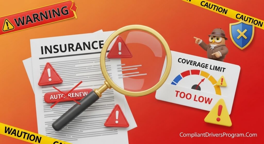 Warning illustration showing insurance bundling mistakes to avoid including weak coverage and auto-renew traps