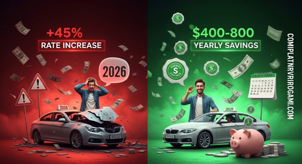 Split comparison showing accident rate increase versus accident free discount savings for drivers in 2026