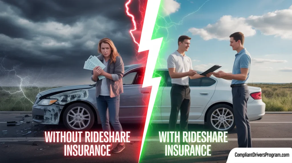 Split screen comparison showing stressed Uber driver without rideshare insurance versus protected driver with proper coverage