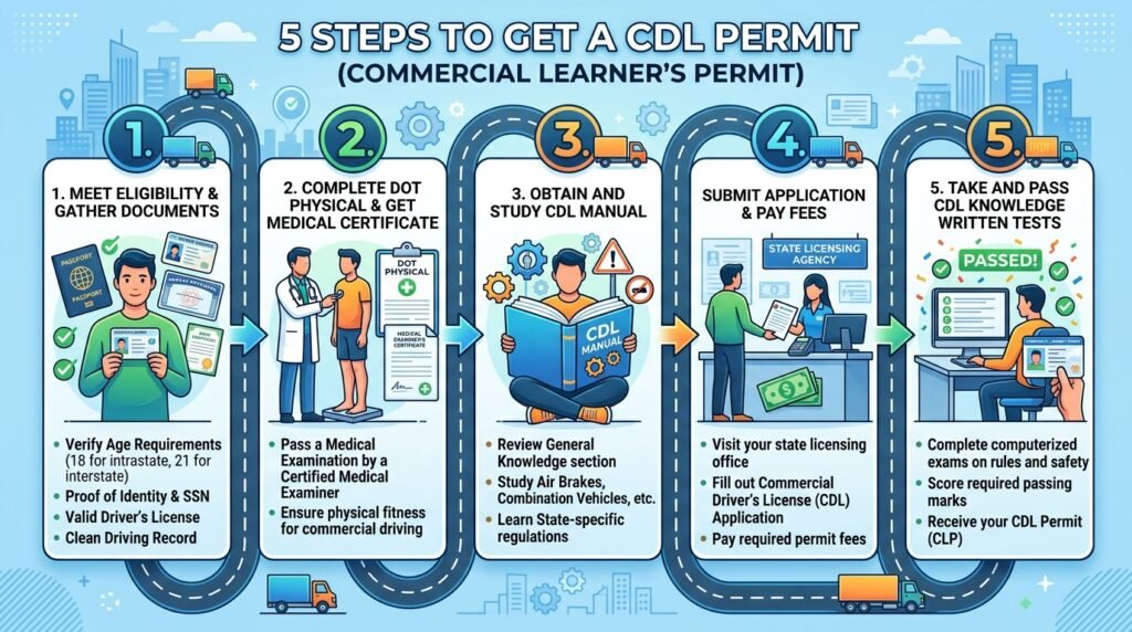 Five steps showing how to get a CDL permit including documents, DOT physical, ELDT, DMV visit, and knowledge test