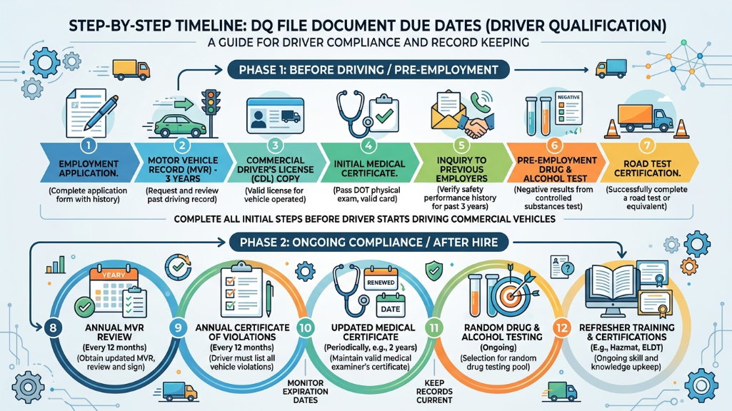 Driver qualification file management timeline showing pre-hire, 30-day, and annual document deadlines.