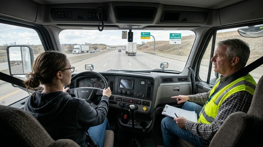 CDL learner permit holder practicing driving a commercial truck with a licensed CDL instructor
