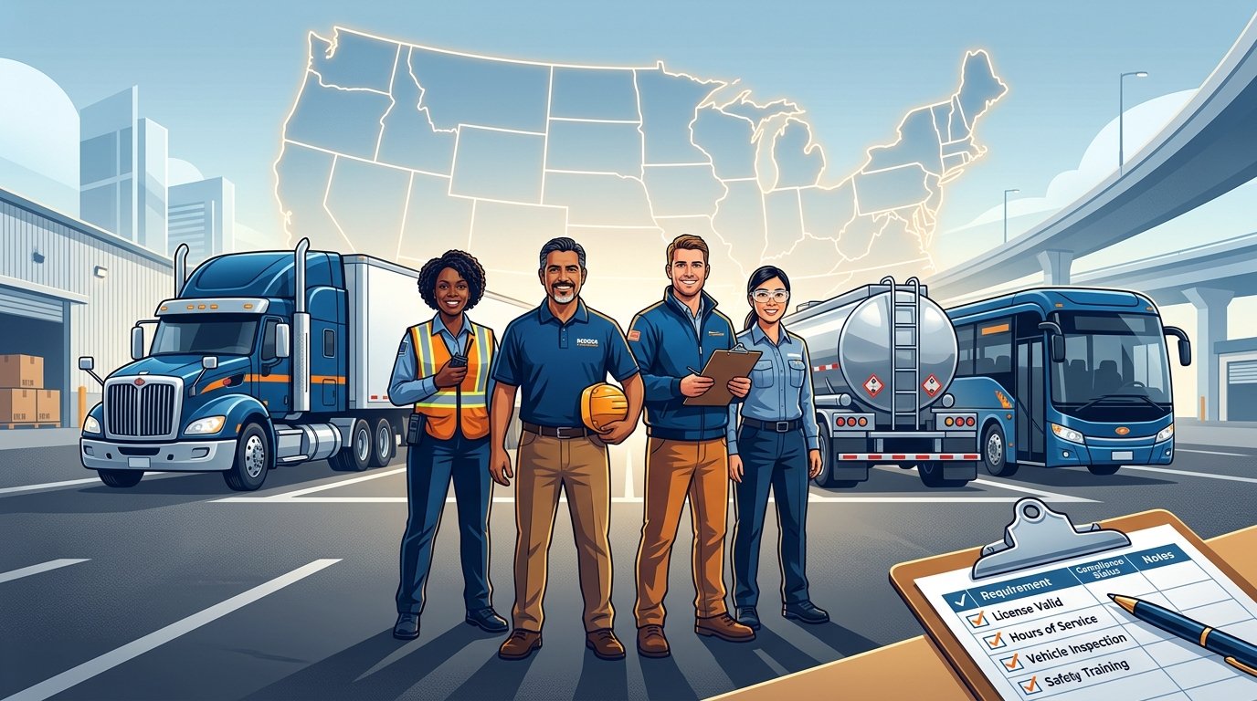CDL license requirements by state 2026 showing commercial drivers with trucks and US state map