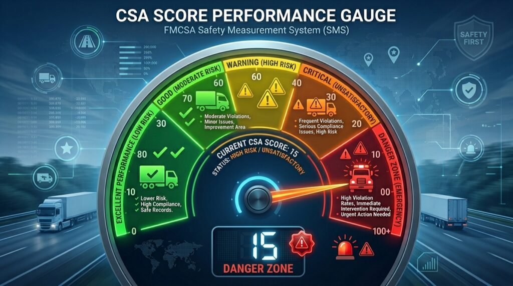 Good CSA score range chart showing percentile levels from excellent to danger zone for carriers