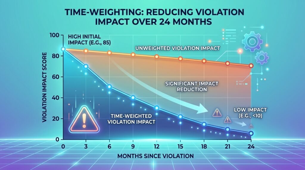 CSA points time weighting chart showing how trucking violations decrease in impact over 24 months