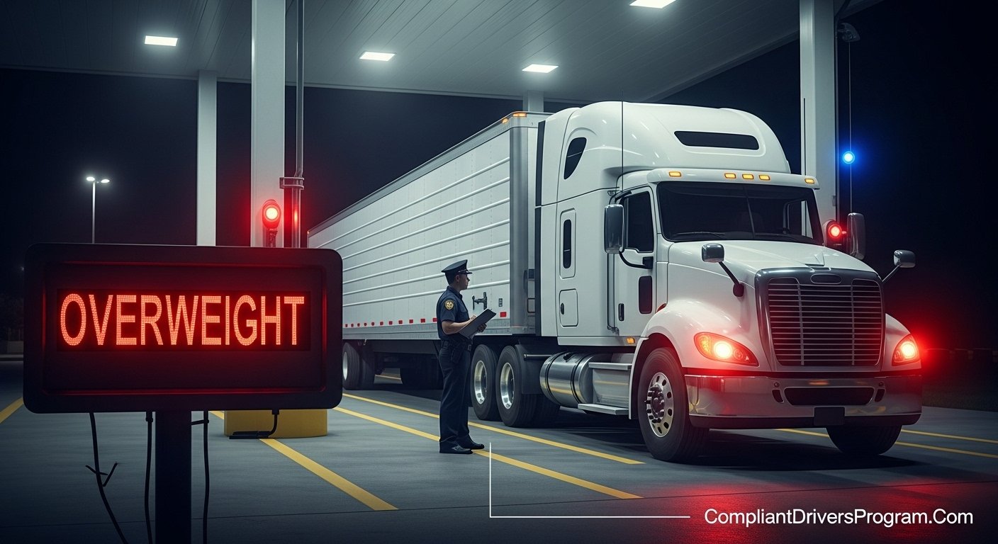 Semi truck stopped at weigh station showing overweight reading on digital scale with enforcement officer nearby