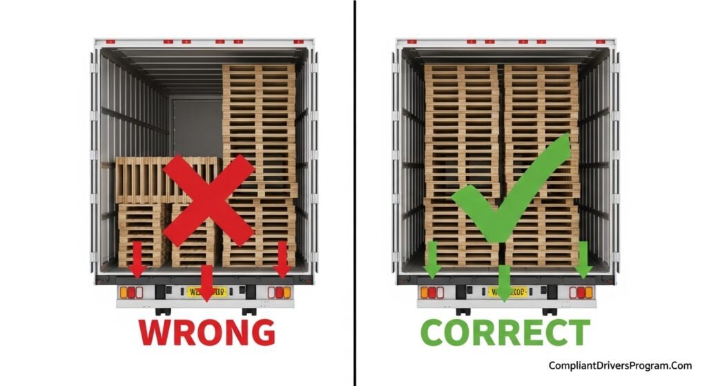 Side by side comparison showing wrong and correct cargo weight distribution inside a semi trailer