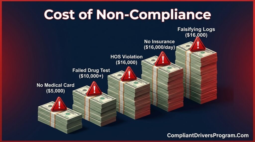 Bar chart infographic showing DOT fine amounts for common trucking violations including HOS, insurance, log falsification, medical card, and drug test violations