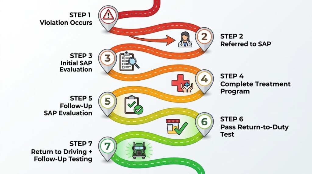 Step by step diagram showing the 7 stages of the FMCSA Clearinghouse return to duty process from violation to cleared status