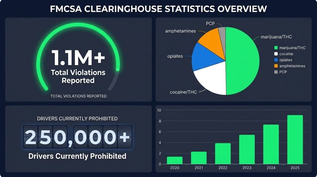 Data visualization dashboard showing FMCSA Clearinghouse statistics including total violations substance breakdown prohibited drivers and yearly trends