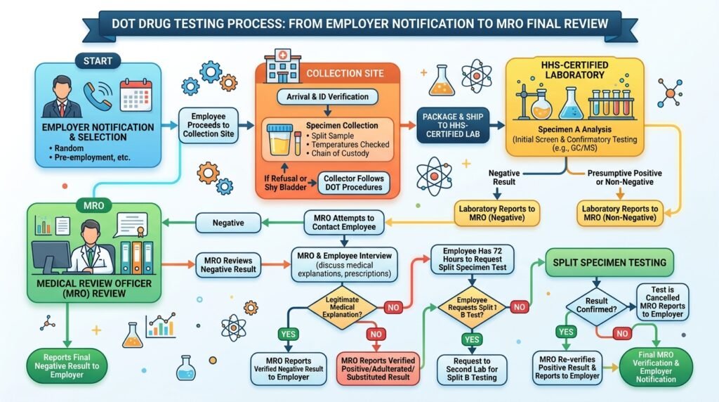 DOT drug test process flowchart showing each step from notification to MRO verified result"]