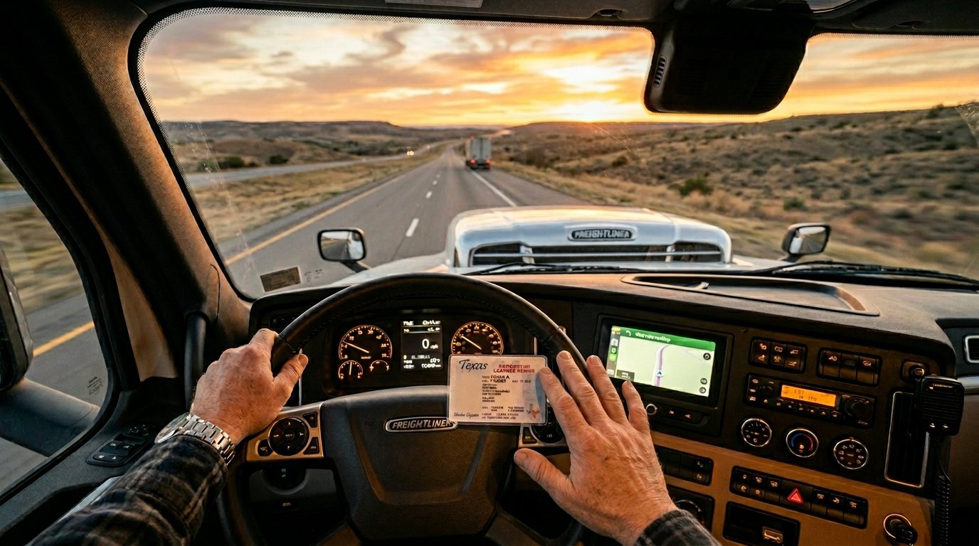 First-person view of a student driver holding a new CDL permit on the steering wheel of a commercial truck, looking out at an open highway at sunrise.
