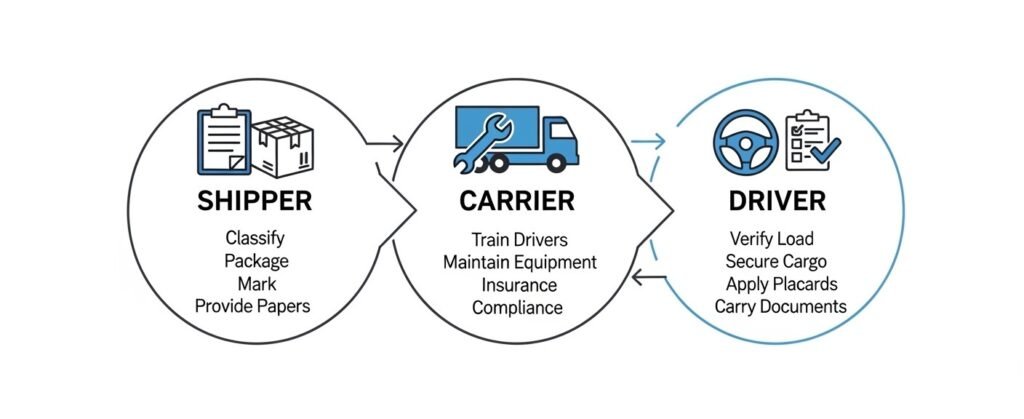 Infographic showing shipper carrier and driver responsibilities for hazmat cargo security