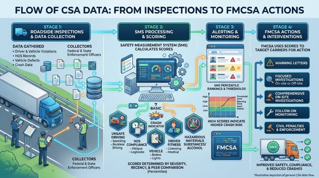 CSA score trucking process showing how FMCSA collects inspection data and calculates carrier safety scores
