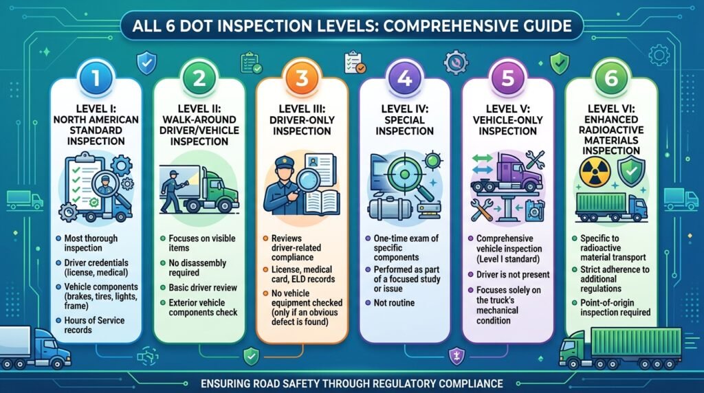 Chart showing all six DOT inspection levels from Level 1 to Level 6 with brief descriptions of each