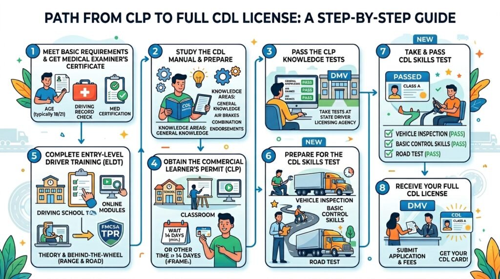 CDL permit to CDL license process showing five steps to earn your commercial learner permit