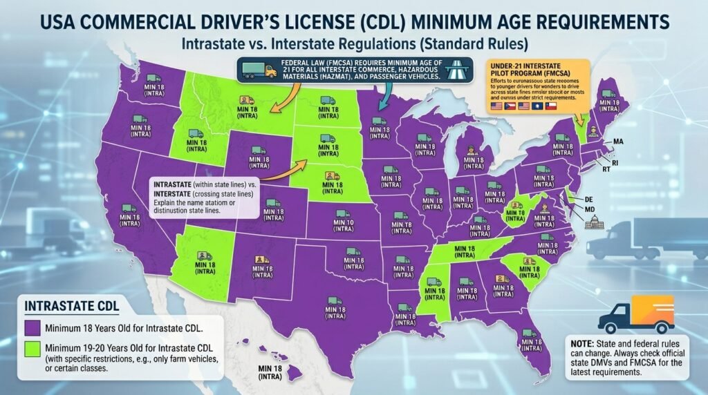 CDL license requirements by state 2026 map showing minimum age limits across the US