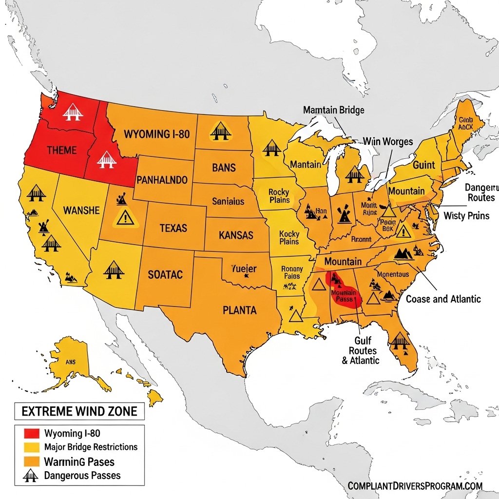 Map of United States showing high wind danger zones for truckers including Wyoming I-80 and mountain passes