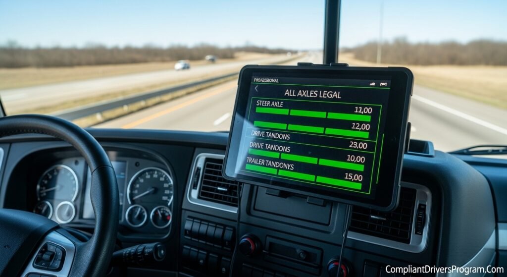Modern truck cab with dashboard tablet displaying on-board scale readings showing all axle groups within legal weight limits