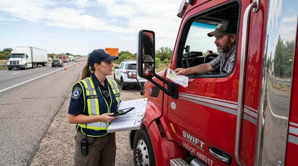 DOT inspector reviewing driver credentials and hours-of-service records during a Level 3 driver inspection
