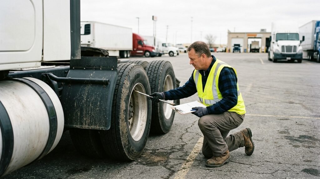Truck driver performing a pre-trip vehicle inspection on tire tread depth to prepare for DOT inspection levels