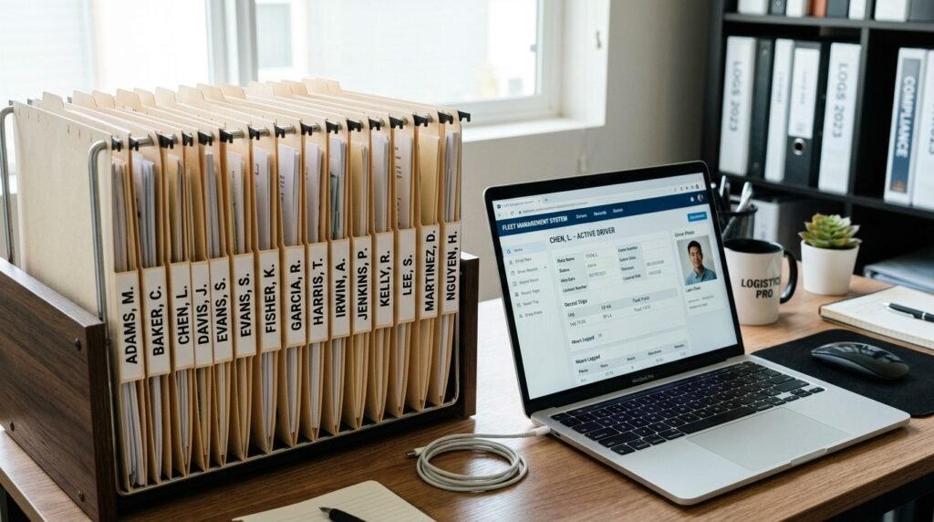 DQ file management system showing organized driver qualification file folders for DOT audit compliance.