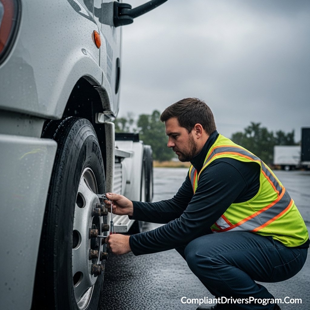 Truck driver in safety vest checking tire tread depth during pre-trip inspection on a rainy morning