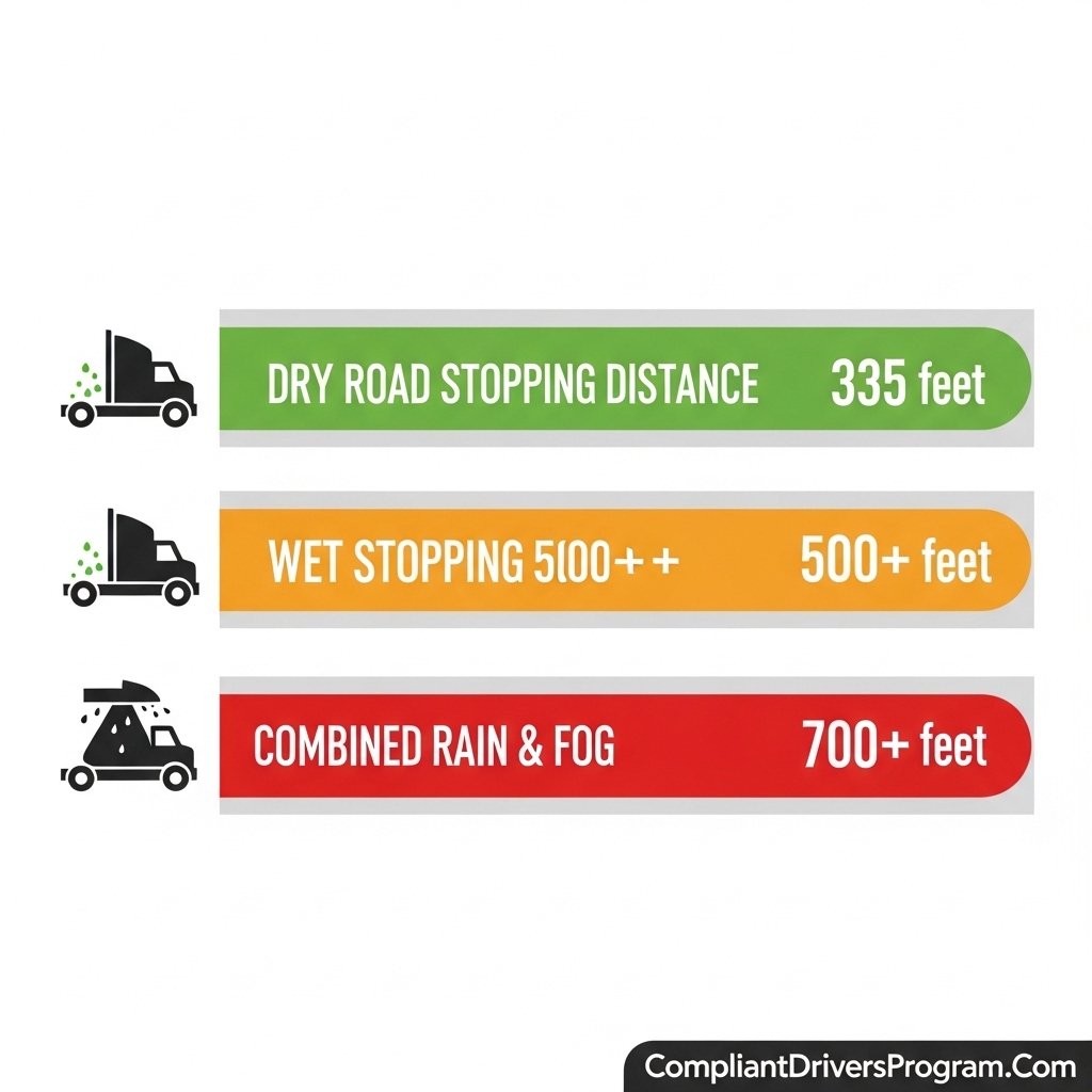 Infographic diagram comparing semi truck stopping distances on dry road, wet road, and fog conditions