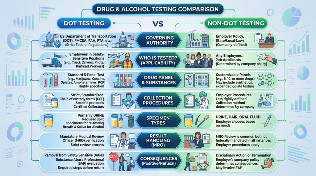 Comparison showing key differences between DOT drug screening and non-DOT drug test requirements
